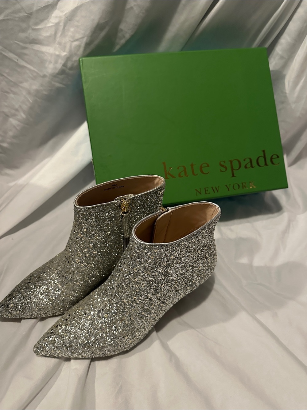 kate spade Silver Glitter Pointed Toe Ankle Booties